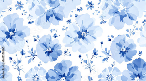 Seamless blue watercolor vector pattern showcases soft florals and leaves in varying shades of blue