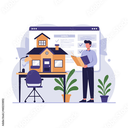 Real estate agent reviewing house plans at home office desk  