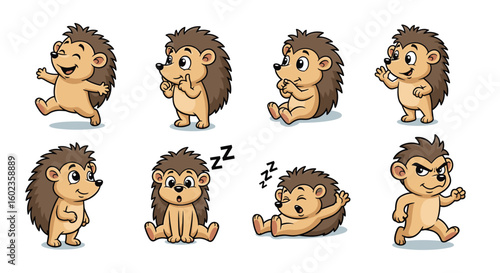 Hedgehog cartoons express various emotions and actions. Cute character, animal, expression, pose, happy, sad, angry, sleep, walk, funny, illustration