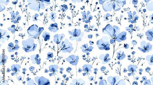 Delicate watercolor flowers seamless pattern filled with vibrant colors like, blue and orange. Watercolor vector background for use in crafts, or textiles, a lively touch to any design project