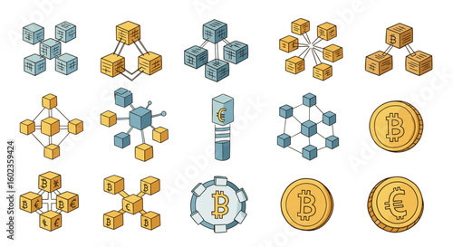 Illustrations show network of crypto and blockchain tech. Cryptocurrency, block chain, digital finance, connections, decentralization, banking, investment