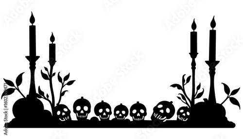 Skulls and candles silhouette border – Halloween altar theme, gothic decor