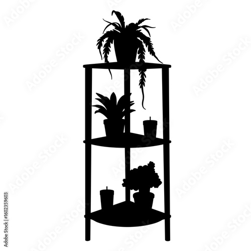 Silhouette of multi-tiered shelf with plants and candles – Decorative storage