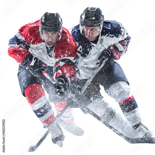 Two ice hockey players in mid-clash and  full gear and intense expressions and  frozen action moment and  isolated white background Batch  realistic clean bright simple modern stock image isolated on 