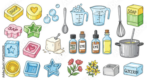Soap making ingredients and tools illustration. Crafting, handmade, diy, artisan, organic, natural, saponification, lye, glycerin, soap molds, oils, flowers