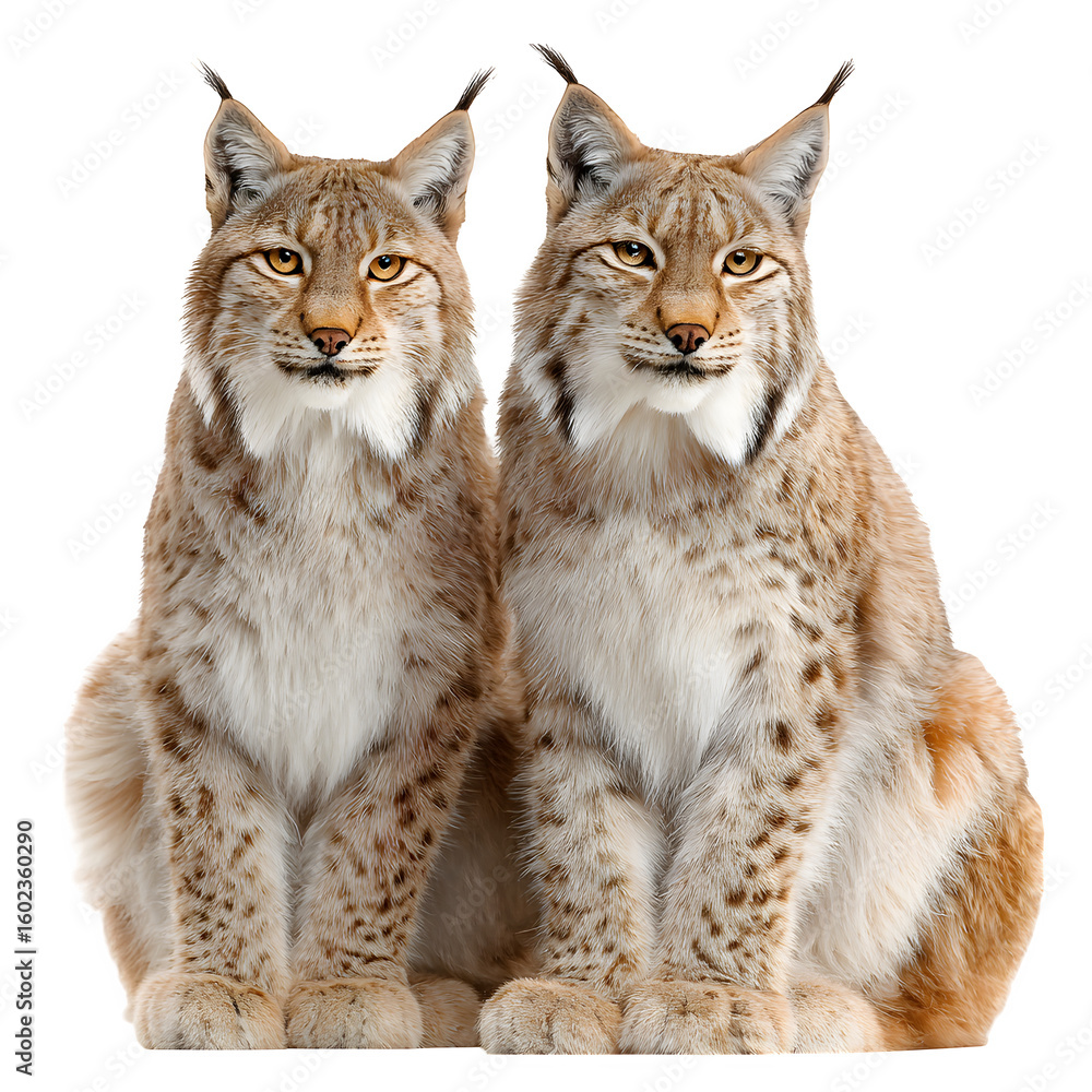 Fototapeta premium Two lynx sitting side by side and family couple scene with calm expressions and detailed fur and isolated white background Batch realistic clean bright simple modern stock image isolated on plain b