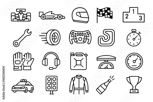 Formula 1 Racing Icons Set - Motorsport Vector Symbols with F1 Car, Helmet, Checkered Flag, Steering Wheel, Trophy, Timer, Safety Equipment for Sports Design