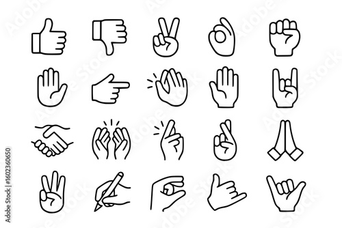 Hand Gesture Line Icons Set - Thumbs Up, Peace Sign, OK, Fist, Pointing, Handshake Vector Illustrations for UI Design and Communication Projects