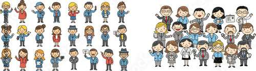 Cartoon business people in meetings, presenting. Professional team, collaboration, teamwork, group, communication, office, work, corporation, employee, diversity.