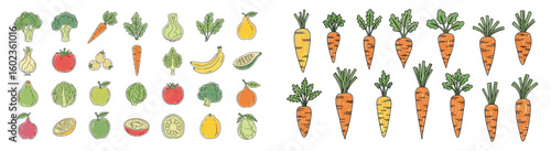 Illustration shows fruits and vegetables. Healthy food, vegan diet, vegetarian, nutrition, vitamins, organic products, fresh produce, market, grocery