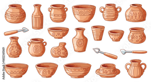 Pottery collection with decorated clay vases, bowls. Ceramics, handmade art, craft, pottery studio, artisan work, earthenware, sculpting tools, pottery wheel, kiln
