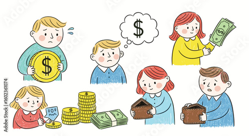 People struggle with money and finances in illustration. Financial issues, economic problems, poverty, business, debt, finance, investment, savings, accounting, credit, inflation