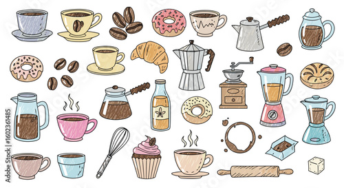 Coffee and pastry icons in hand-drawn style. Coffee shop, cafe, morning, drinks, food, breakfast, doodle, kitchen, set, beverage, design, bakery.