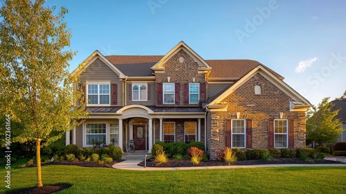 Elegant suburban home with brick and siding textures, manicured lawn and pathway lighting, bathed in golden sunlight - timeless charm and modern co