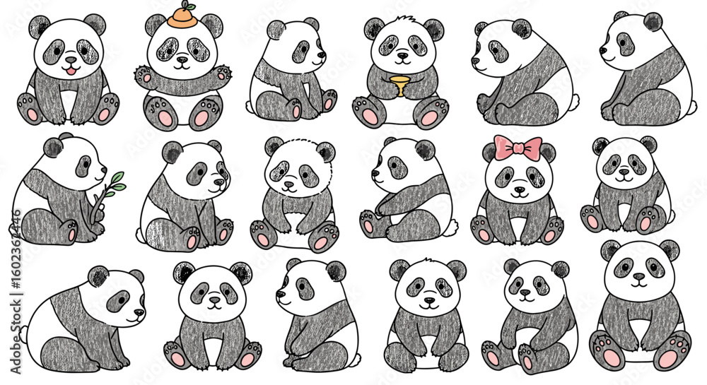 Obraz premium Cute panda bears sitting in different poses. Cartoon animals, illustration, wildlife, bear, adorable, nature, zoo