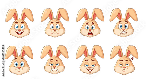 Cartoon bunny displays various emotional expressions. Cute character, emotions, illustration, facial expressions, adorable, cartoon, animal, easter, fun