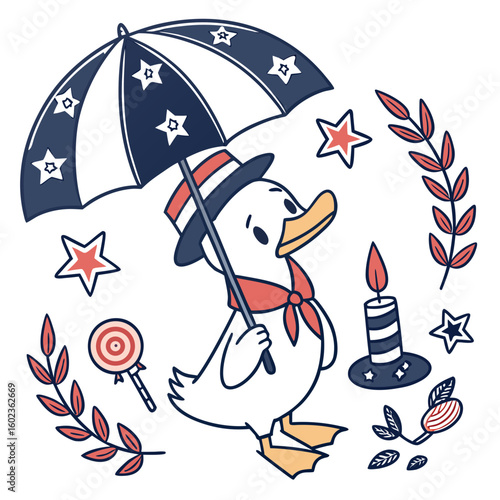 Cute Funny Duck, accessorized with under an umbrella, in a Memorial Day world – Honor & Remembrance palette vector