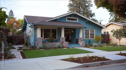 Charming Craftsman-style cottage with colorful facade and lush front yard, embodying cozy residential charm.