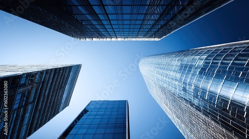 Glass and steel skyscrapers under blue sky, modern urban architecture with reflective surfaces, wide shot with compressed perspective, f/8.0, even 