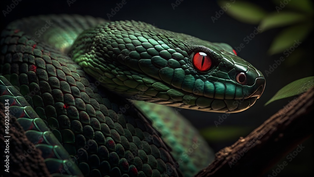 Fototapeta premium green snake on a branch, Closeup of a green viper with piercing red eyes resting on a branch