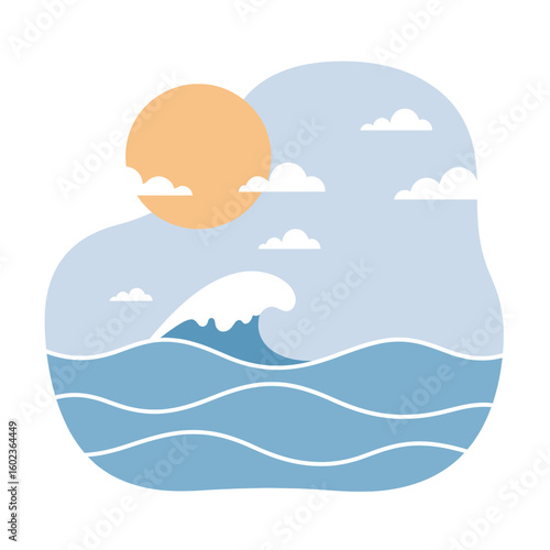 Ocean waves with sun and clouds in minimalist style  