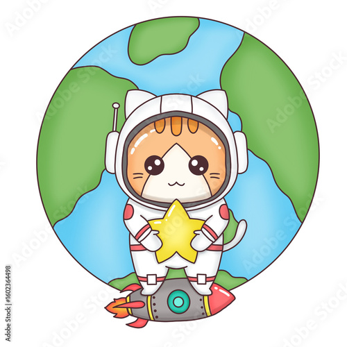 Cute astronaut cat riding rocket with star.