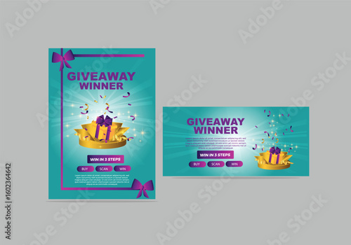Giveaway win prizes with a gift box exploding in confetti ribbon bow podium shining star Vector illustration flyer poster banner set design contests with prizes.