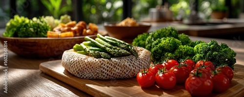 Fresh vegetables, including asparagus, broccoli, and ripe tomatoes, ready to enjoy.