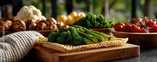 Fresh, colorful vegetables artfully arranged on a wooden board ready for cooking.