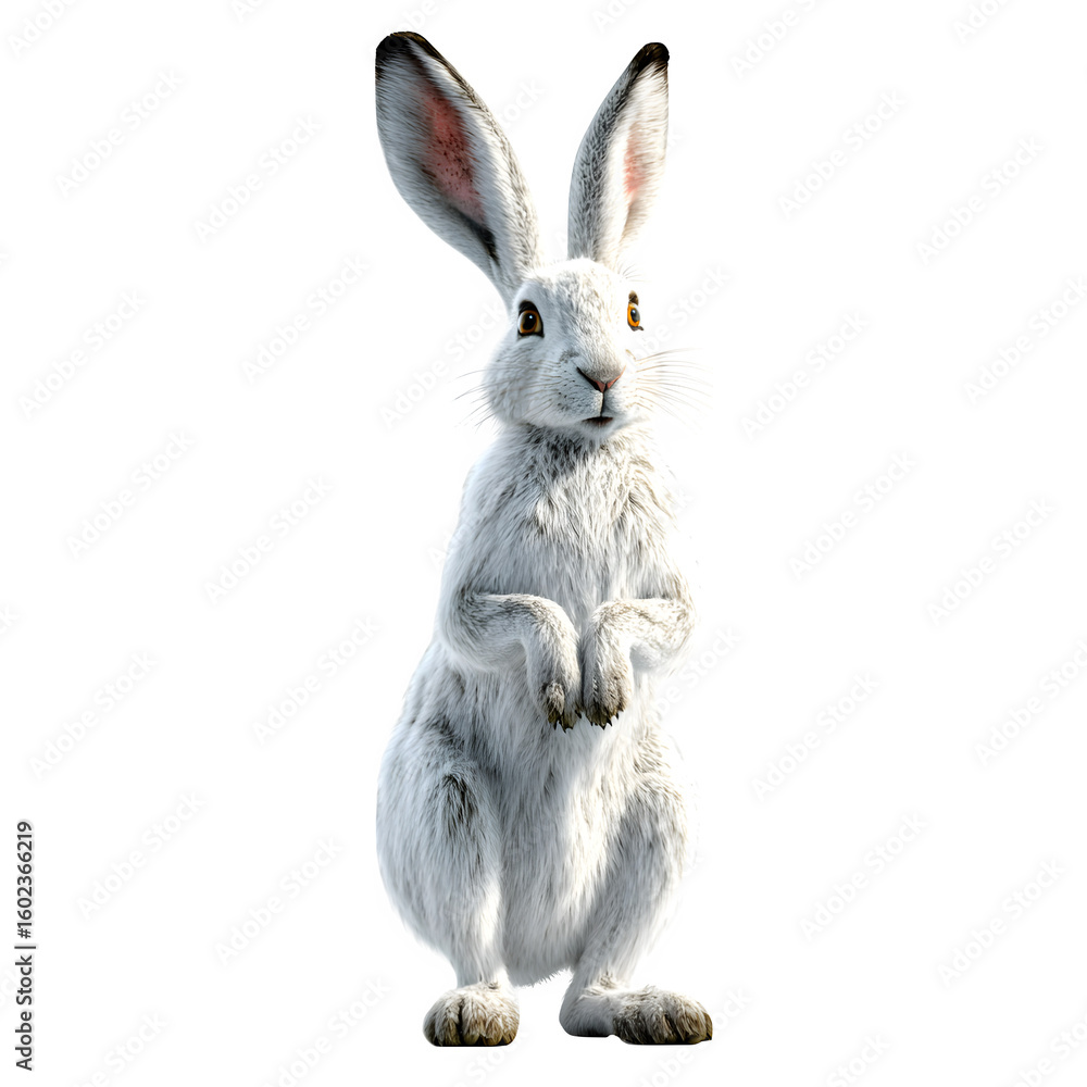 Fototapeta premium White hare standing upright with big ears alert and paws visible and 3D rendering and isolated white background Batch realistic clean bright simple modern stock image isolated on plain background f