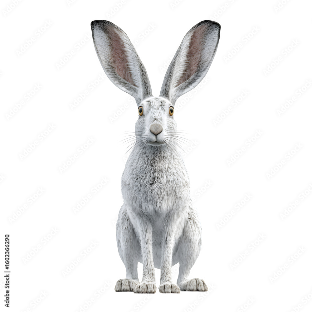 White hare standing upright with big ears alert and paws visible and 3D rendering and isolated white background Batch realistic clean bright simple modern stock image isolated on plain background f White hare standing upright with big ears alert and paws visible and 3D rendering and isolated white background Batch realistic clean bright simple modern stock image isolated on plain background f