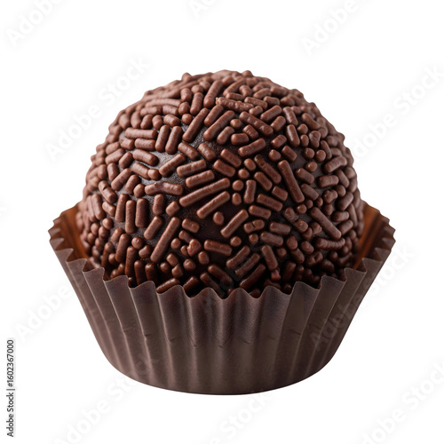 Chocolate Brigadeiro candy with chocolate sprinkles in a brown paper cup isolated on transparent background