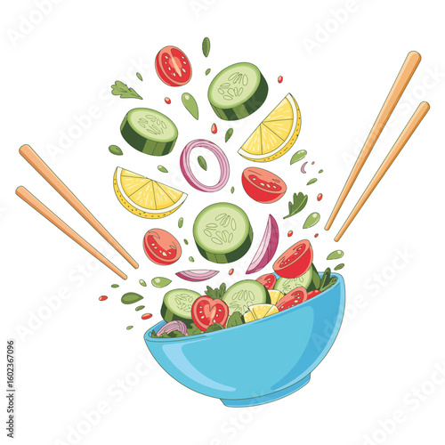 Fresh salad ingredients flying into a blue bowl with chopsticks