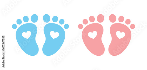Adorable blue and pink baby footprints with hearts