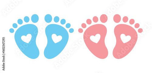 Adorable blue and pink baby footprints with hearts