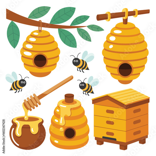 Collection of beehives and honey related items with flying bees