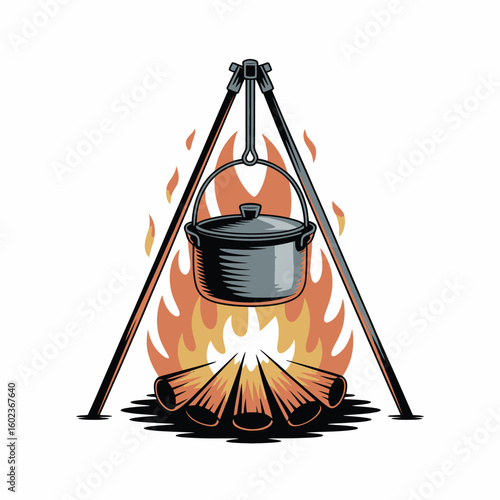 Campfire cooking pot suspended over flames on a tripod