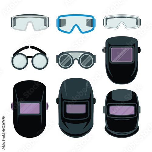 Collection of safety goggles and welding helmets for eye protection