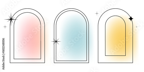 Line arch abstract pattern, y2k frames with stars. Modern boho elements with retro borders