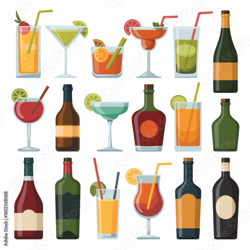 Collection of colorful alcoholic cocktails and bottles