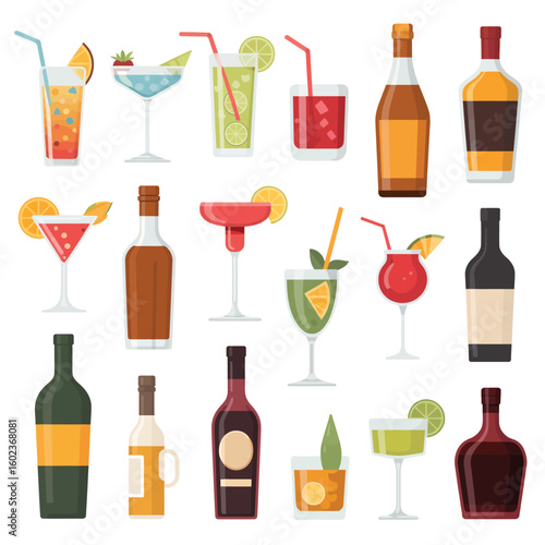 Collection of colorful alcoholic drinks and bottles