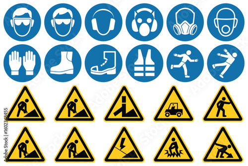 Collection of safety signs and symbols for workplace protection