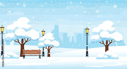 Charming pixel art winter park scene with snowing cityscape and lamp posts