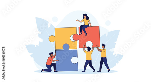 Teamwork collaboration and partnership building a complex solution together with puzzles
