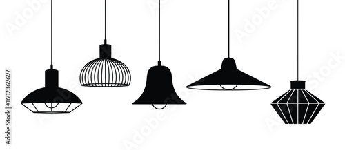 Collection of five distinct black pendant light fixtures