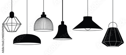 Collection of diverse modern pendant light fixtures in black and white illustration