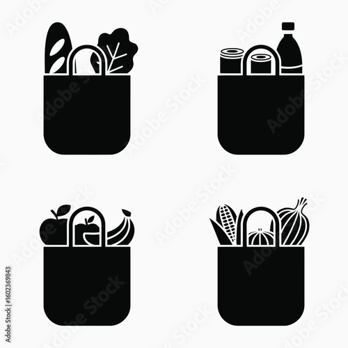 Four black silhouettes of grocery bags filled with food items