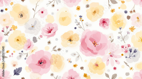 A lot of different fantasy flowers. Millefleurs trendy floral design. Blooming midsummer meadow seamless pattern. Seamless pattern, background. Vector illustration. Gradients colors