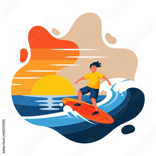 A young man surfs on a large ocean wave during a vibrant, colorful sunset.