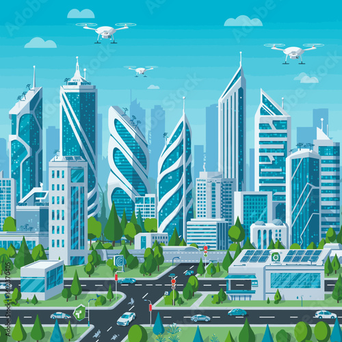 A futuristic cityscape with modern skyscrapers, drones, and sustainable energy sources, depicting a vision of a technologically advanced urban environment.